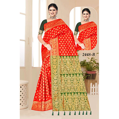 Silk Saree Shilpi - Color: Red And Green With Golden Detailing