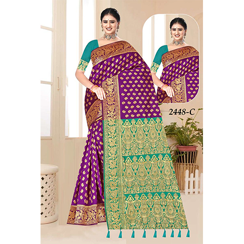 Shilp Ladies Silk Saree - Color: Purple And Green With Gold Zari