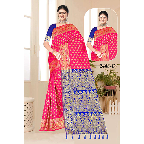 Shilp Ladies Saree(Silk) - Color: Pink And Blue With Golden Zari