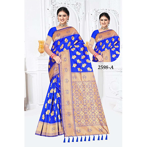 Shivani Ladies Silk Saree - Color: Royal Blue With Golden Border