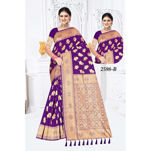 Shivani Ladies Saree(Silk) - Color: Purple With Golden Border