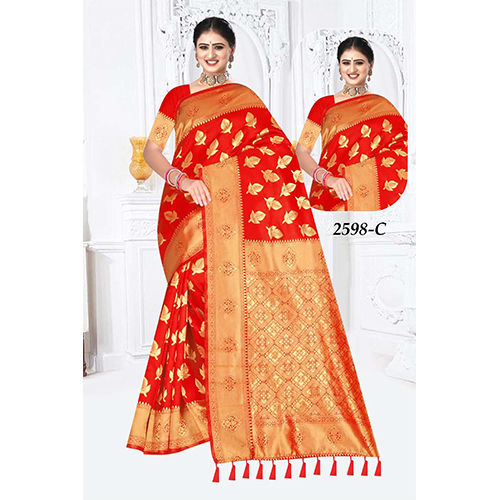 Shivani Ladies Saree(Silk) - Color: Red With Golden Border
