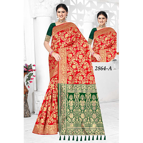 Shilp Ladies Saree(Silk Saree) - Color: Red & Green With Golden Zari