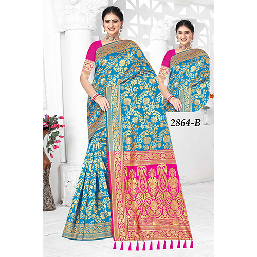 Shilp Ladies Saree(Silk) - Color: Blue With Multicolor Pallu