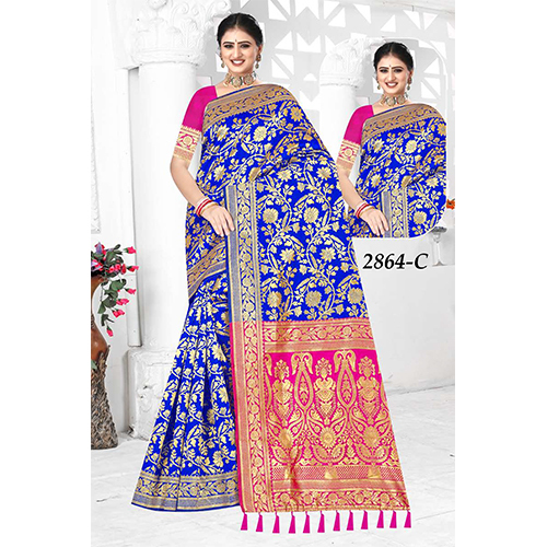 Shilp Ladies Saree(Silk Saree) - Color: Royal Blue With Contrasting Pink Pallu