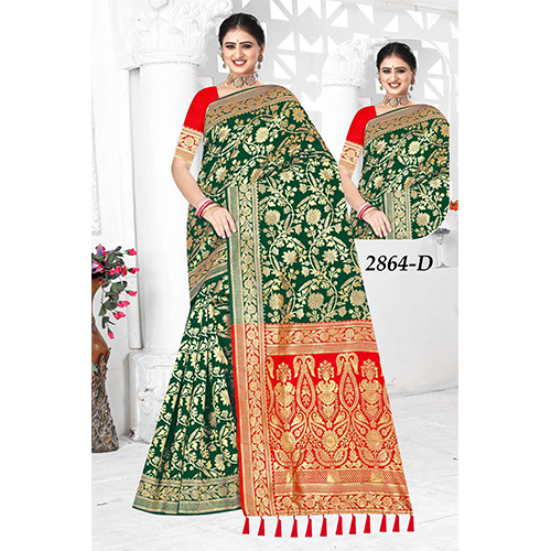 Shilp Ladies Saree(Silk Saree) - Color: Green With Red & Gold Pallu