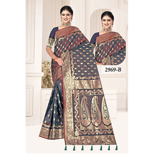 Bengal Beauty Ladies Saree - Color: Navy Blue With Multi-Color Border