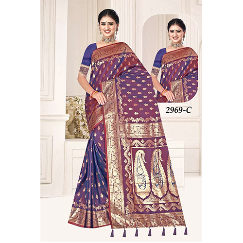 Silk Bengal Beauty Ladies Saree - Color: Blue With Maroon Border And Gold Zari Accents