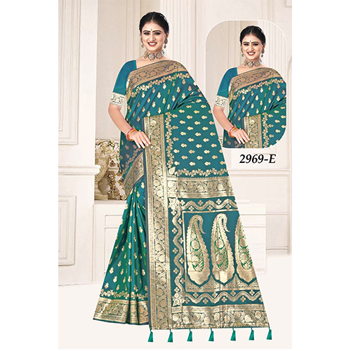 Silk Bengal Beauty Ladies Saree - Color: Teal Green With Golden Border