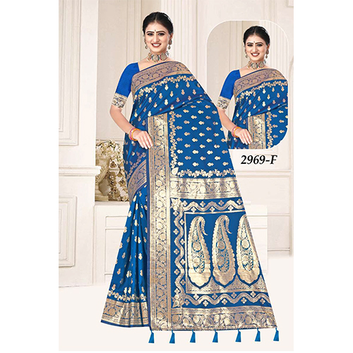 Bengal Beauty(Silk) Ladies Saree - Color: Royal Blue With Golden Border