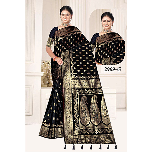 Bengal Beauty(Silk) Ladies Saree - Color: Black With Gold Accents