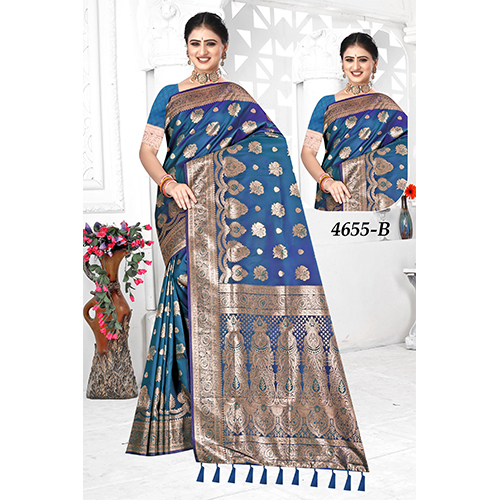 Bengal Beauty Ladies Silk Saree - Color: Royal Blue With Golden Border
