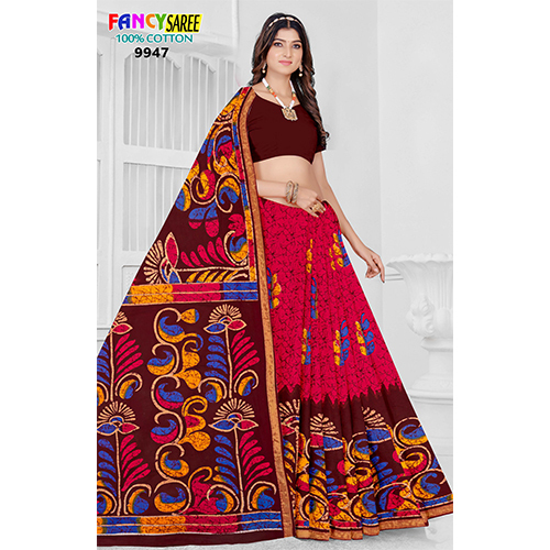 Chanderi Malai(Cotton) Ladies Saree - Color: Red