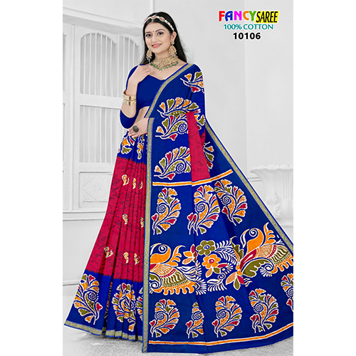 Chanderi Malai Cotton Ladies Saree - Color: Navy Blue & Pink With Multicolor Embroidery