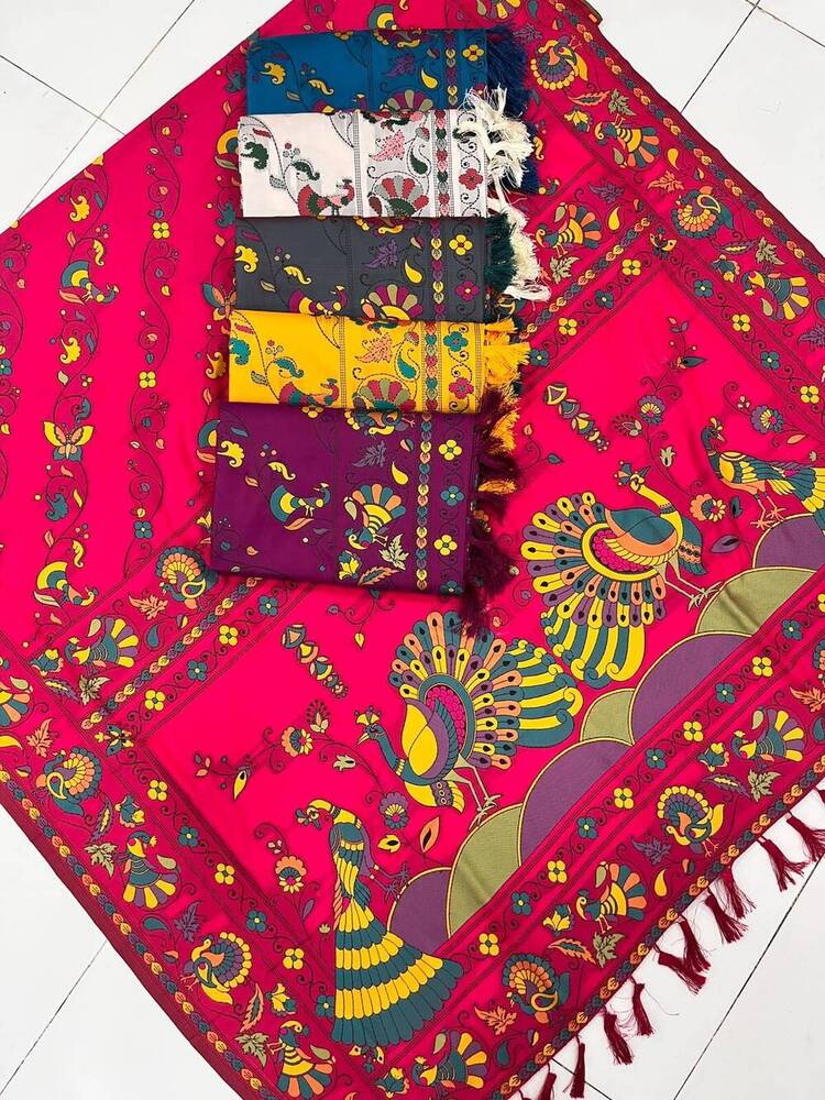 Soft Kantha Ladies Silk Saree - Color: Multi-Color (Base Color Red
