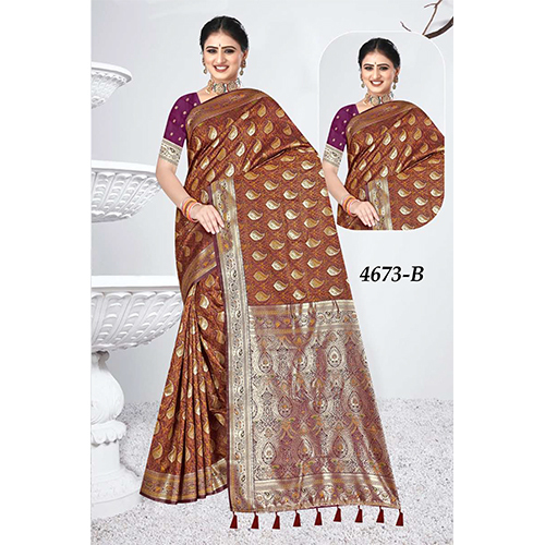 Tanchui Premium Ladies Silk Saree - Color: Brown With Golden