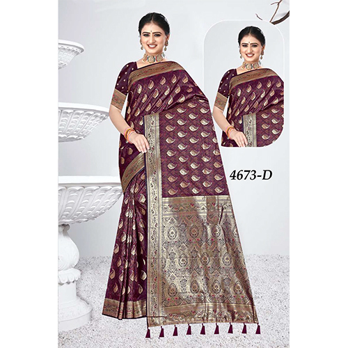 Tanchui Premium Ladies Silk Saree - Color: Maroon With Golden Border