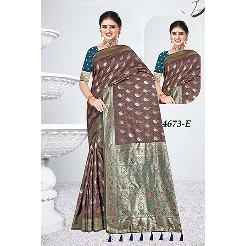Tanchui Premium Ladies Silk Saree - Color: Brown And Olive Green With Golden Accents