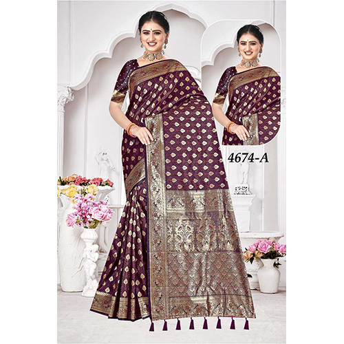 Tanchui Premium Ladies Silk Saree - Color: Wine With Golden Border
