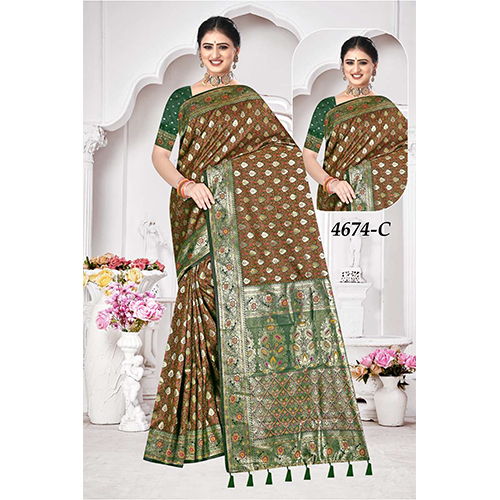 Tanchui Premium Silk Ladies Saree - Color: Brown And Green