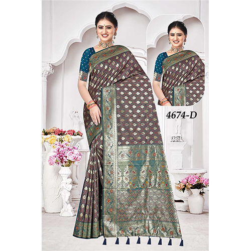 Tanchui Premium Ladies Silk Saree - Color: Brown With Green Border