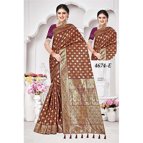 Banarasi Butti Ladies Saree - Color: Brown With Gold Zari