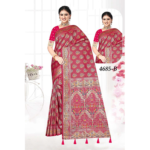 Tanchui  Premium Ladies  Silk Saree - Color: Pink-Maroon With Golden Zari
