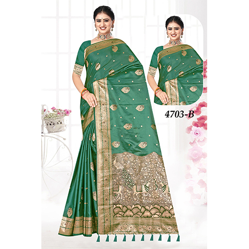 Bengal Sp Satin Ladies Saree - Color: Green With Golden Border
