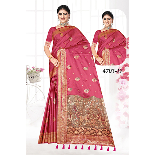 Bengal Sp Satin Ladies Saree(Satin Silk Saree) - Color: Pink With Golden And Multicolor Border