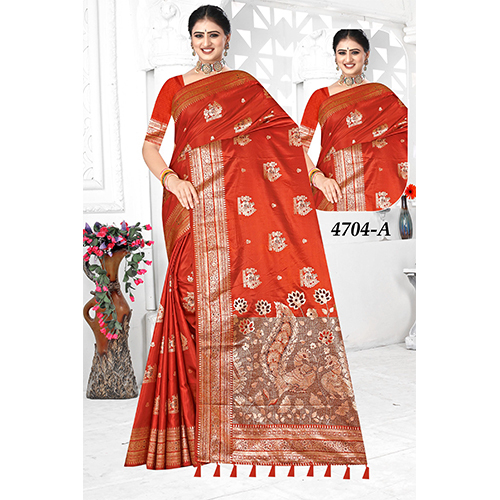 Bengal Sp Satin Silk Ladies Saree - Color: Red-Orange With Golden Border
