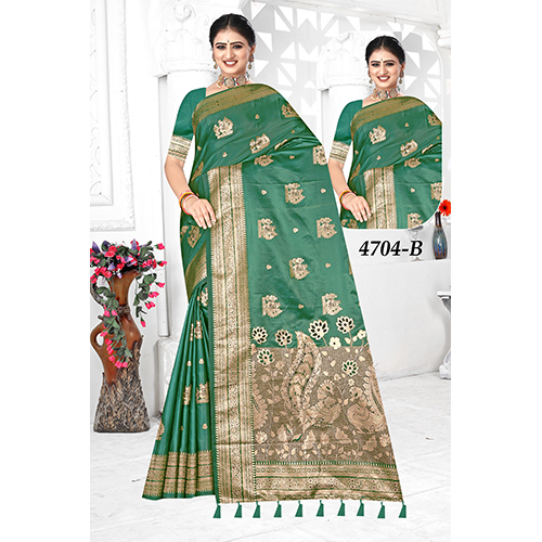 Bengal Sp Satin Silk Ladies Saree - Color: Green With Golden Border