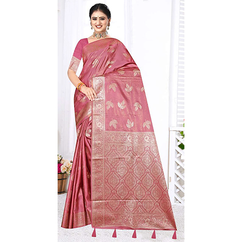Aparna Satin Silk Saree - Color: Rose Pink With Golden Zari