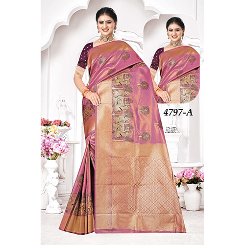 Royal Bengal Ladies Saree - Color: Golden With Pink Accents