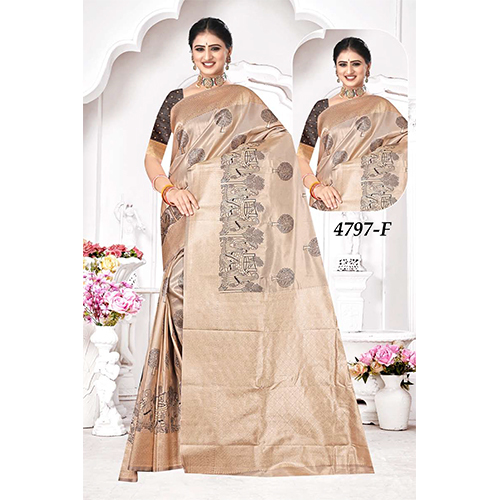 Royal Bengal Ladies Silk Saree - Color: Beige With Silver Zari