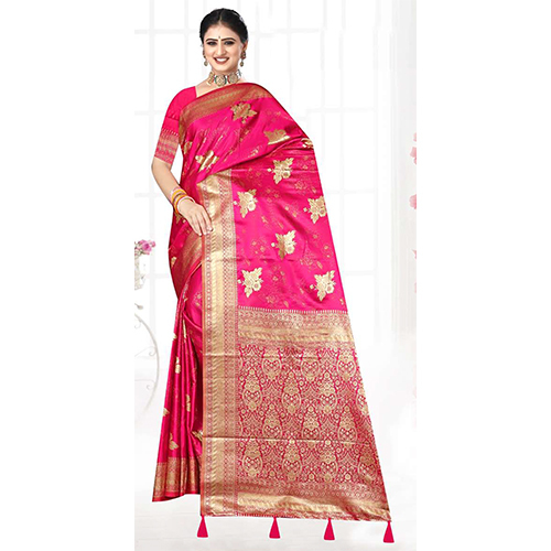 Aparna Satin Silk Saree - Color: Pink With Gold Border