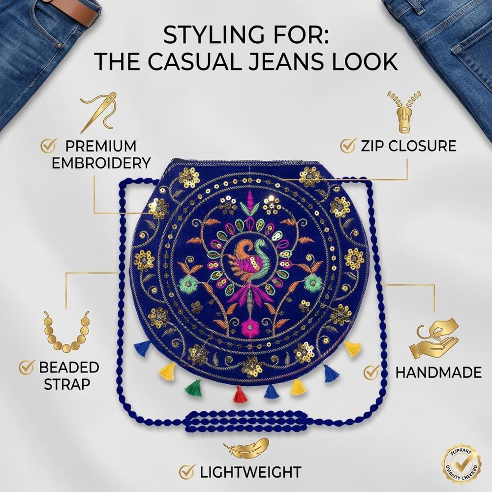 Traditional Ethnic Sling Purse With Peacock Embroidery - Color: Black