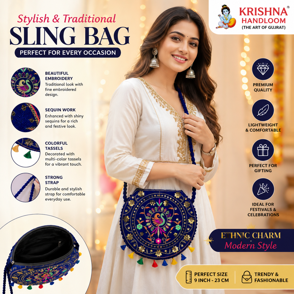 Traditional Ethnic Sling Purse with Peacock Embroidery