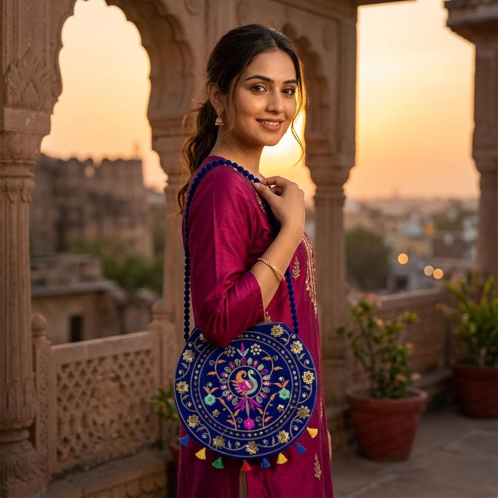 Designer Peacock Sling Bag with Colourful Tassels