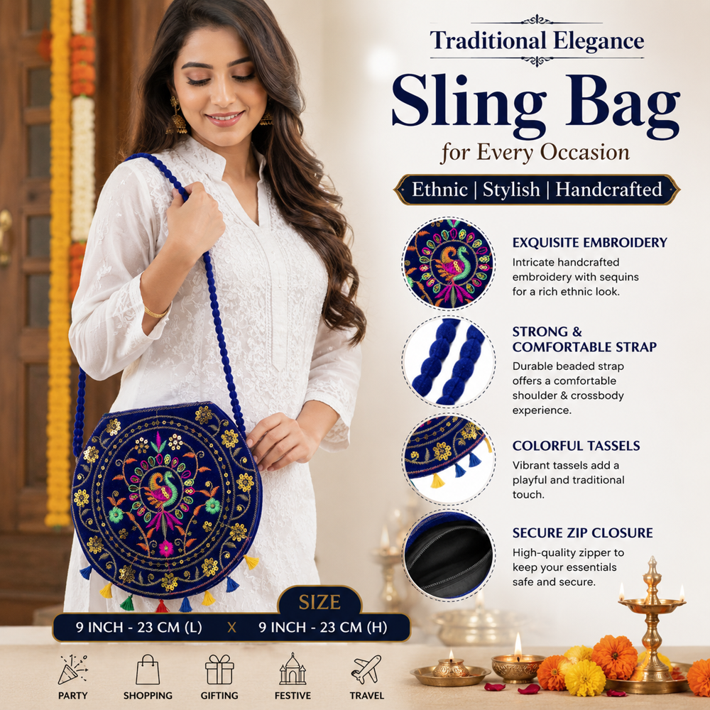Designer Peacock Sling Bag with Colourful Tassels