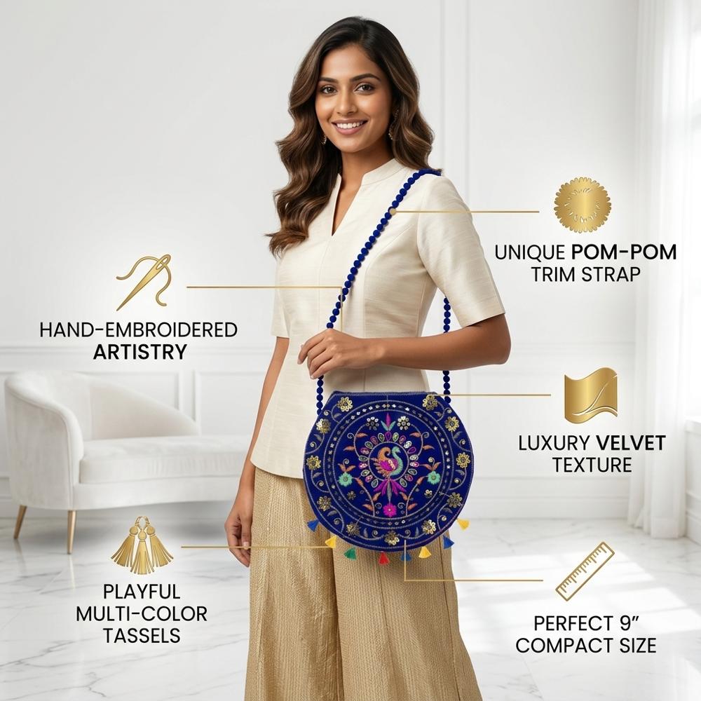 Women Fashion Embroidered Sling Bag For Party - Color: Blue