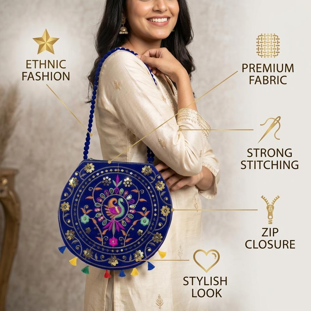 Women Traditional Peacock Design Shoulder Bag - Color: Blue