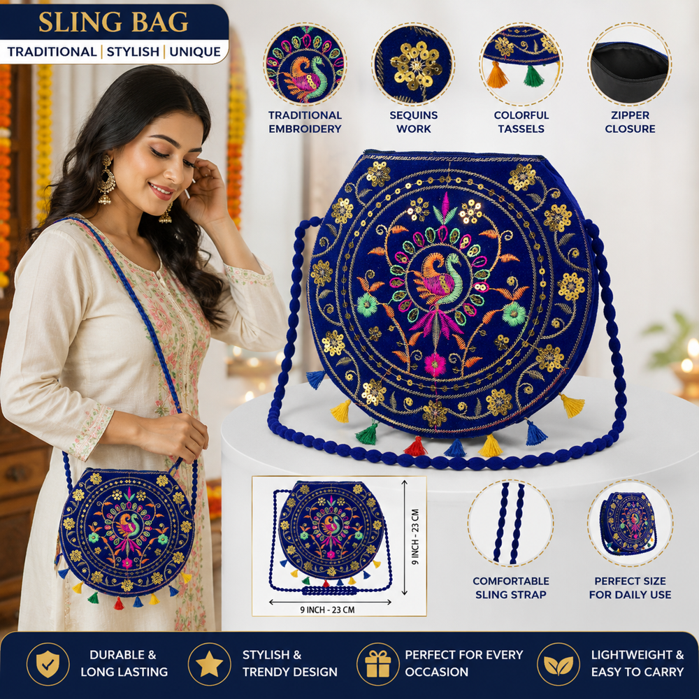 Stylish Blue Embroidered Sling Bag For Women - Design: Traditional