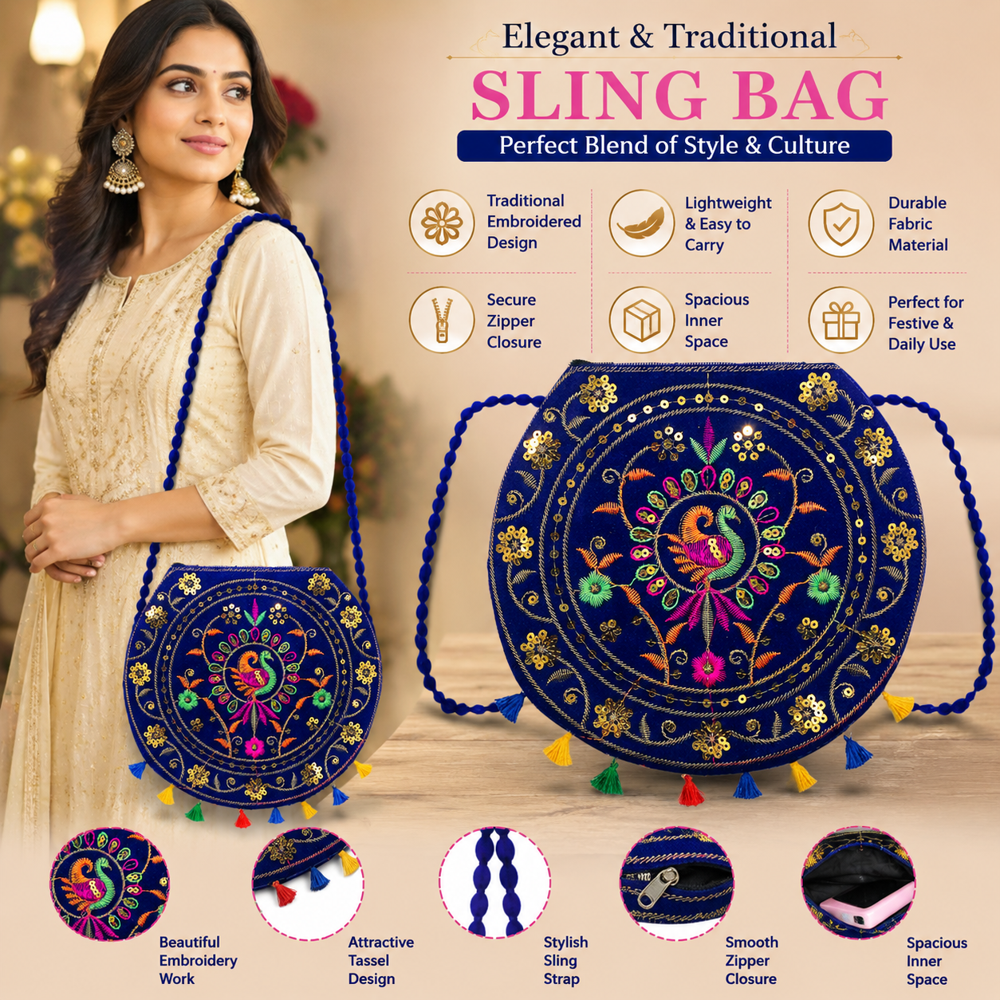 Traditional Embroidered Crossbody Sling Bag For Women - Color: Blue