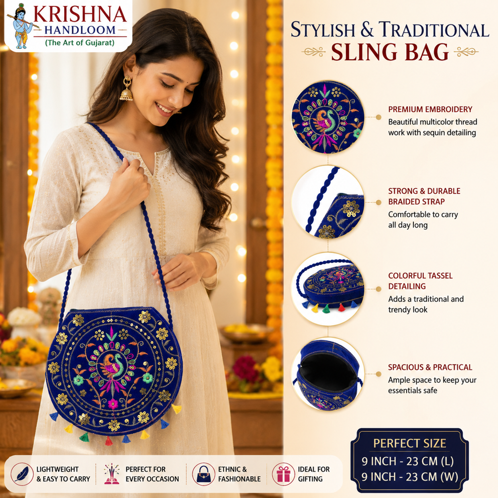 Women Ethnic Shoulder Bag With Beaded Sling Strap - Color: Blue