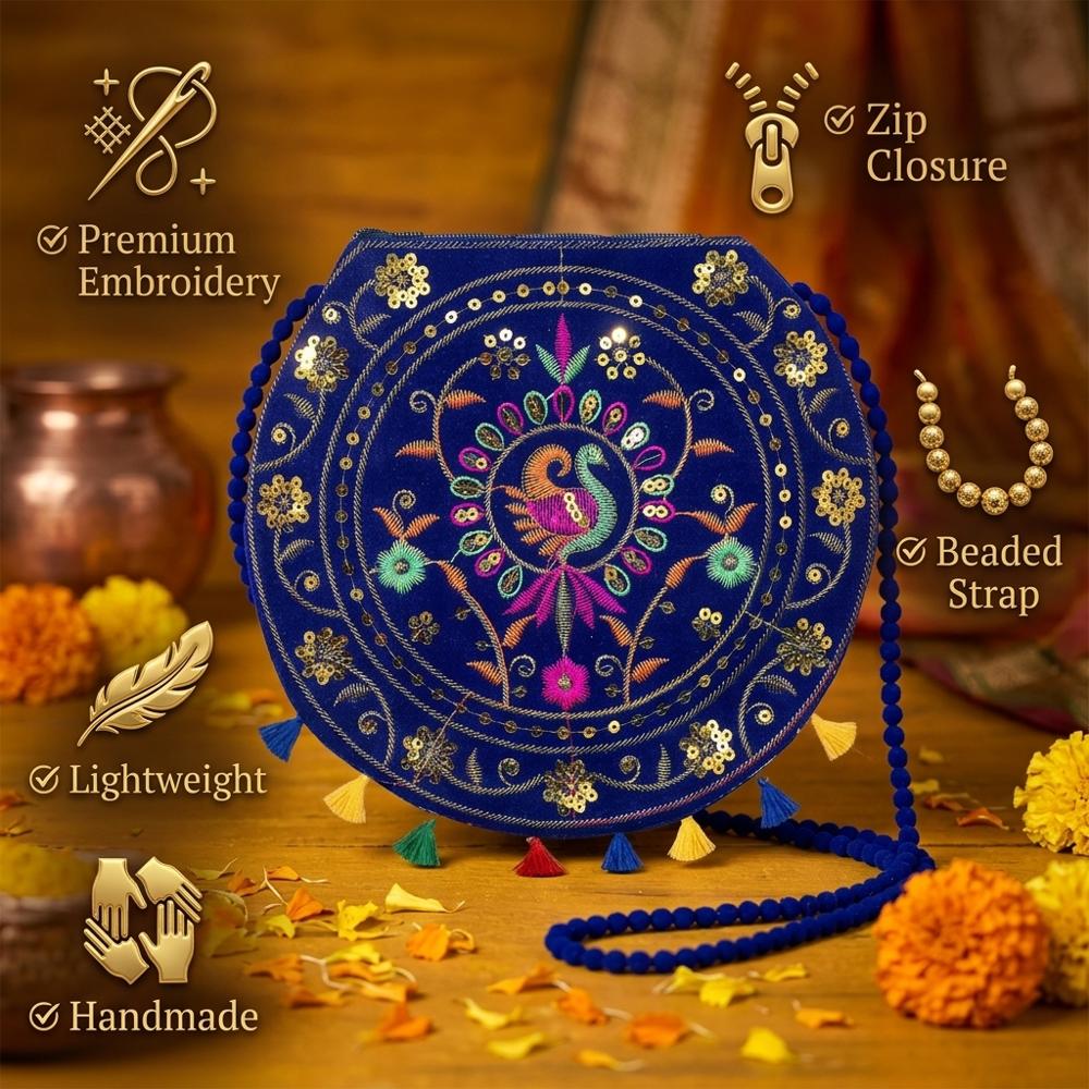 Embroidered Designer Sling Bag With Zip Closure - Color: Blue