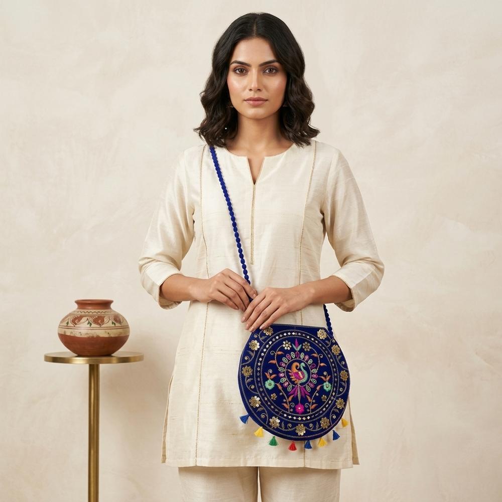 Women Blue Ethnic Shoulder Sling Bag With Tassels - Design: Traditional