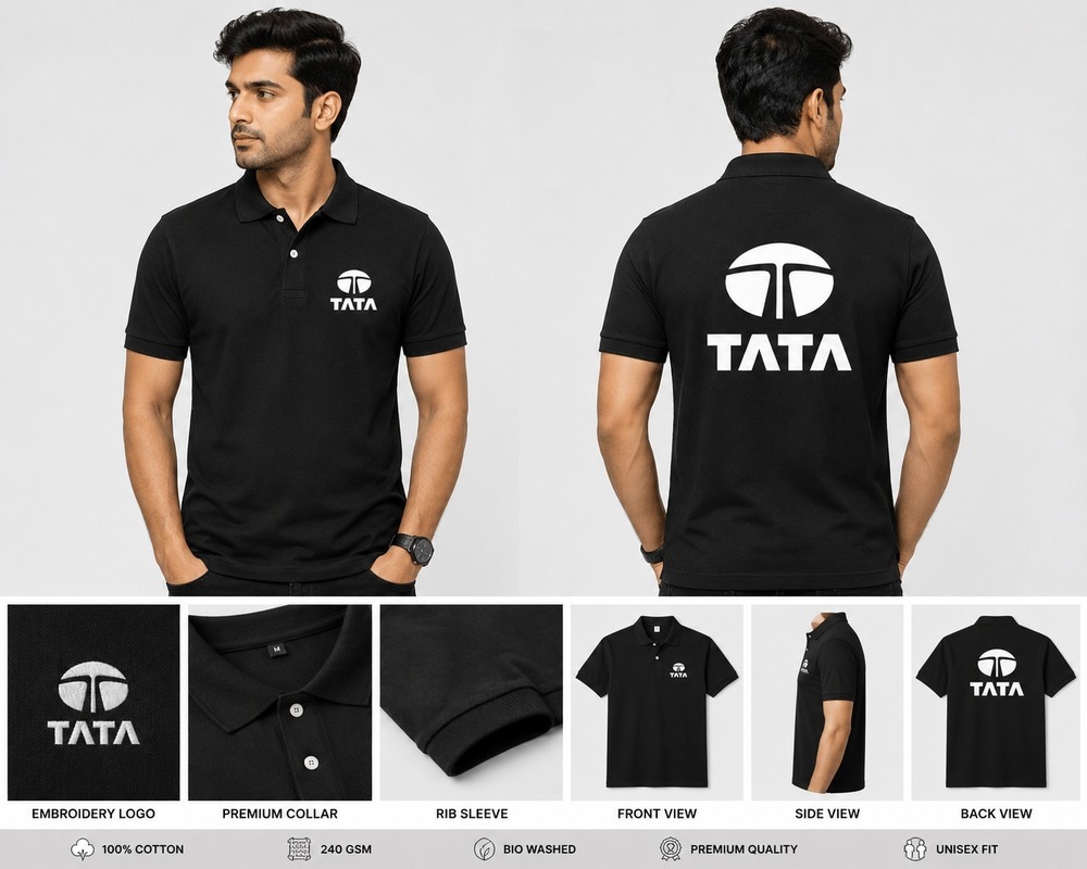 Black Cotton Bio Washed Tata Logo Polo T Shirt