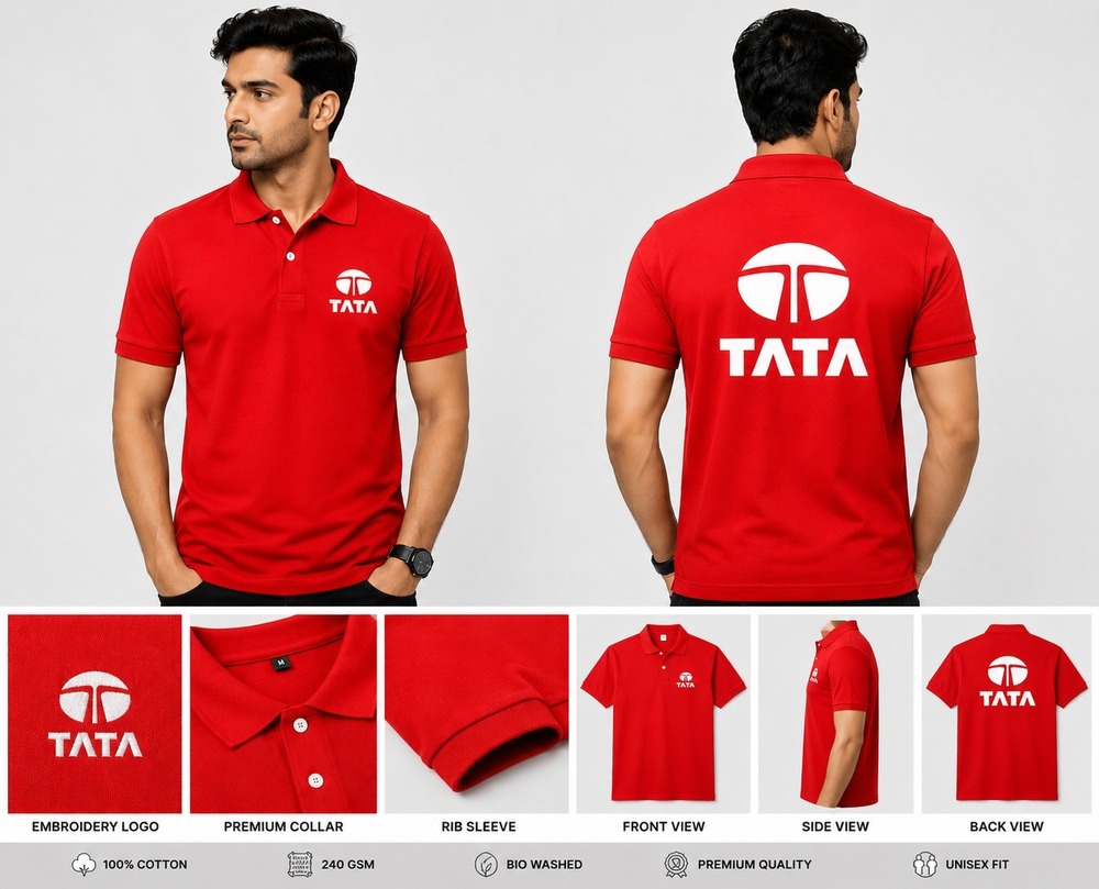 Red Cotton Bio Washed Tata Logo Polo T Shirt
