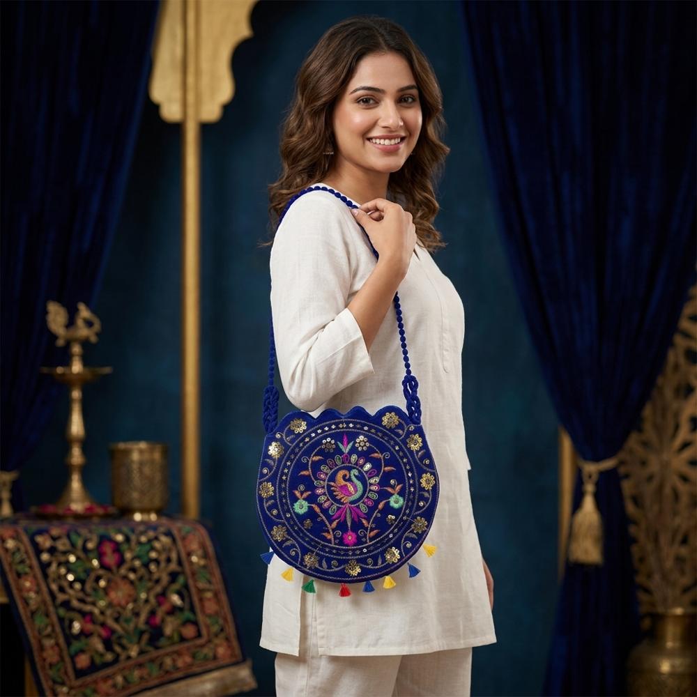 Ethnic Peacock Design Crossbody Bag For Women - Color: Blue
