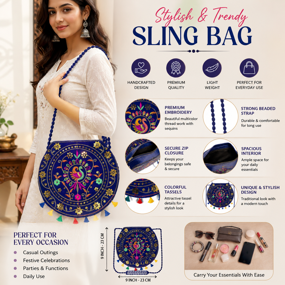 Designer Peacock Sling Bag For Girls & Women - Color: Blue